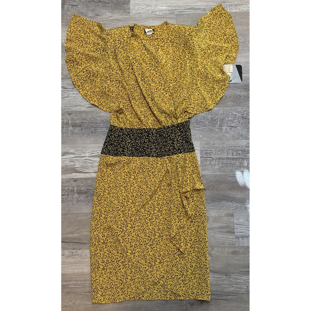 Vintage ILGWU Yellow Floral Drop Waist‎ Wrap Dress - Size 5/6 NWT Union Made
